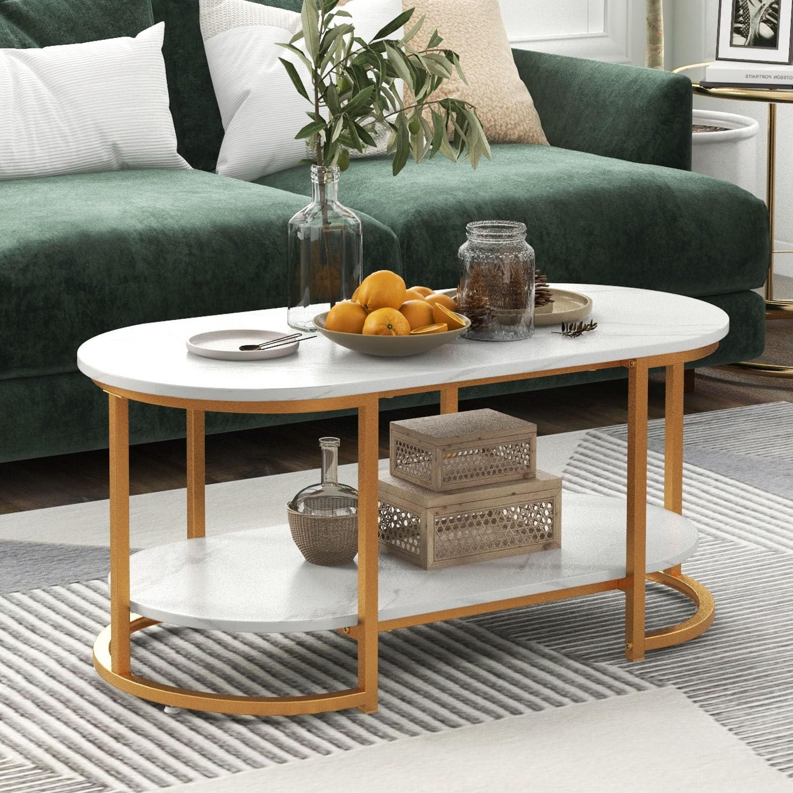 Tangkula Table basse moderne, table centrale ovale de 99 cm avec plateau en faux marbre blanc et cadre en métal doré (moderne, blanc, 99 cm)