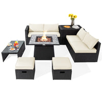 Tangkula 9 Pieces Outdoor PE Rattan Sectional Sofa with 35-Inch Gas Fire Pit Table