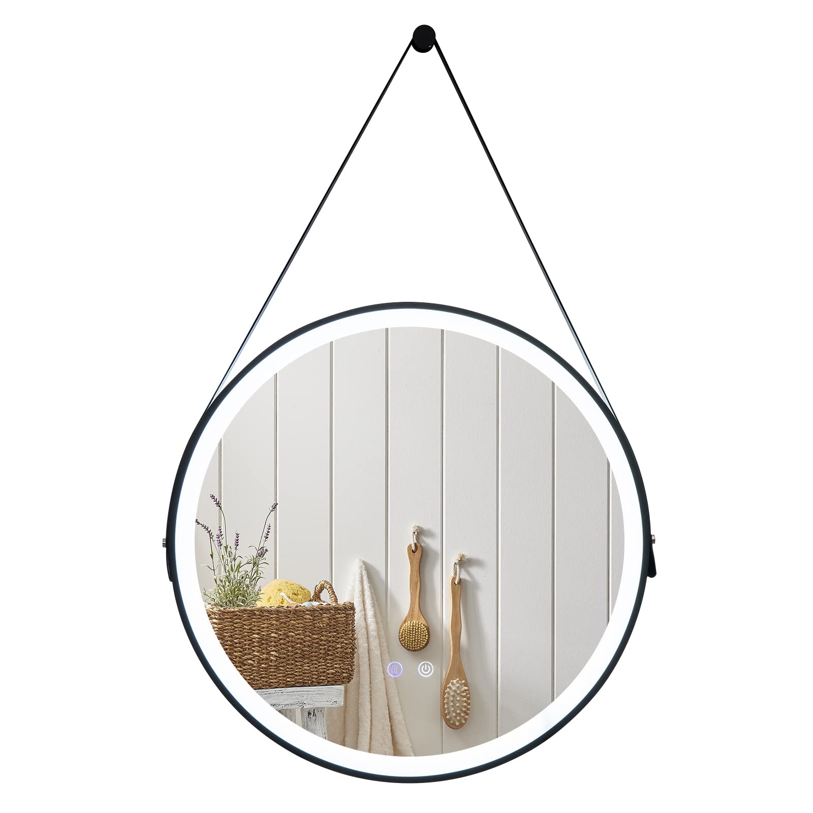 Tangkula 60CM Round LED Bathroom Mirror with Leather Strap