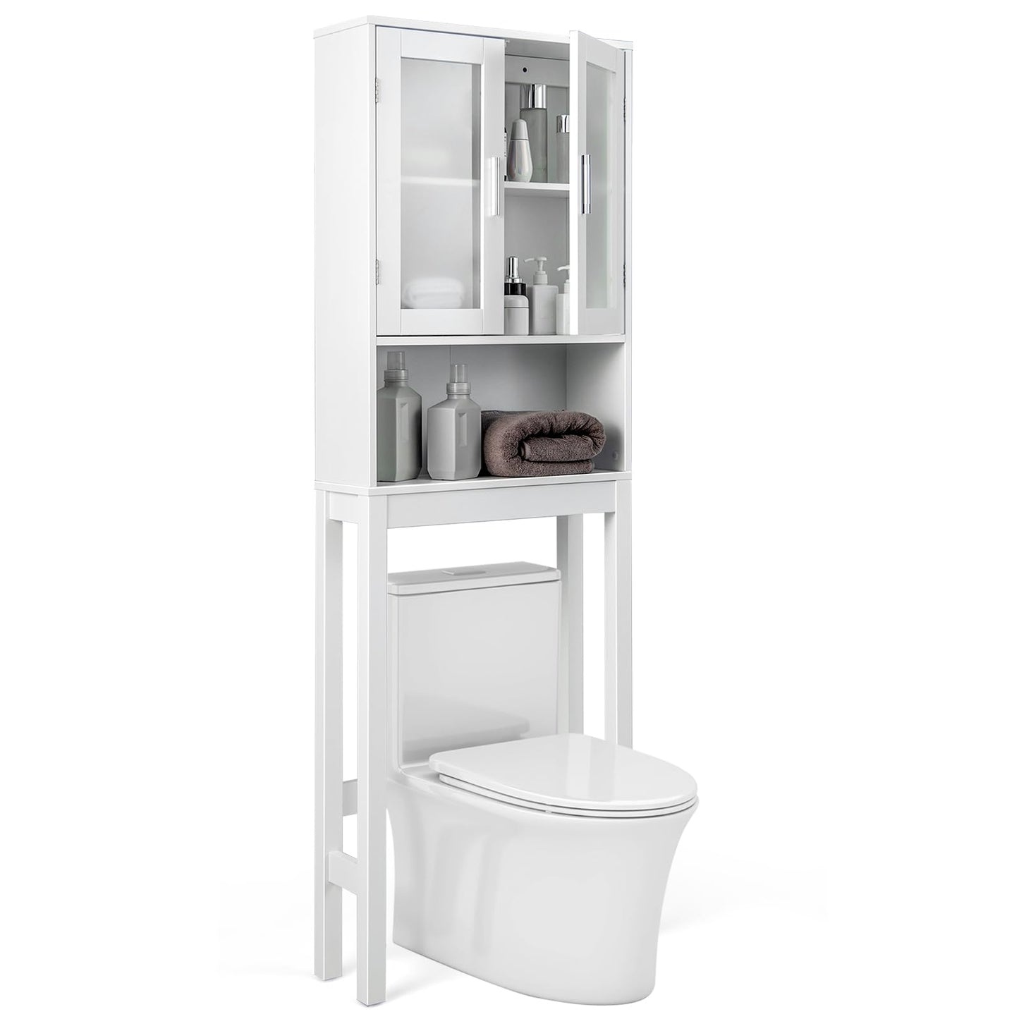 Tangkula Over The Toilet Storage Cabinet  w/Double Tempered Glass Doors