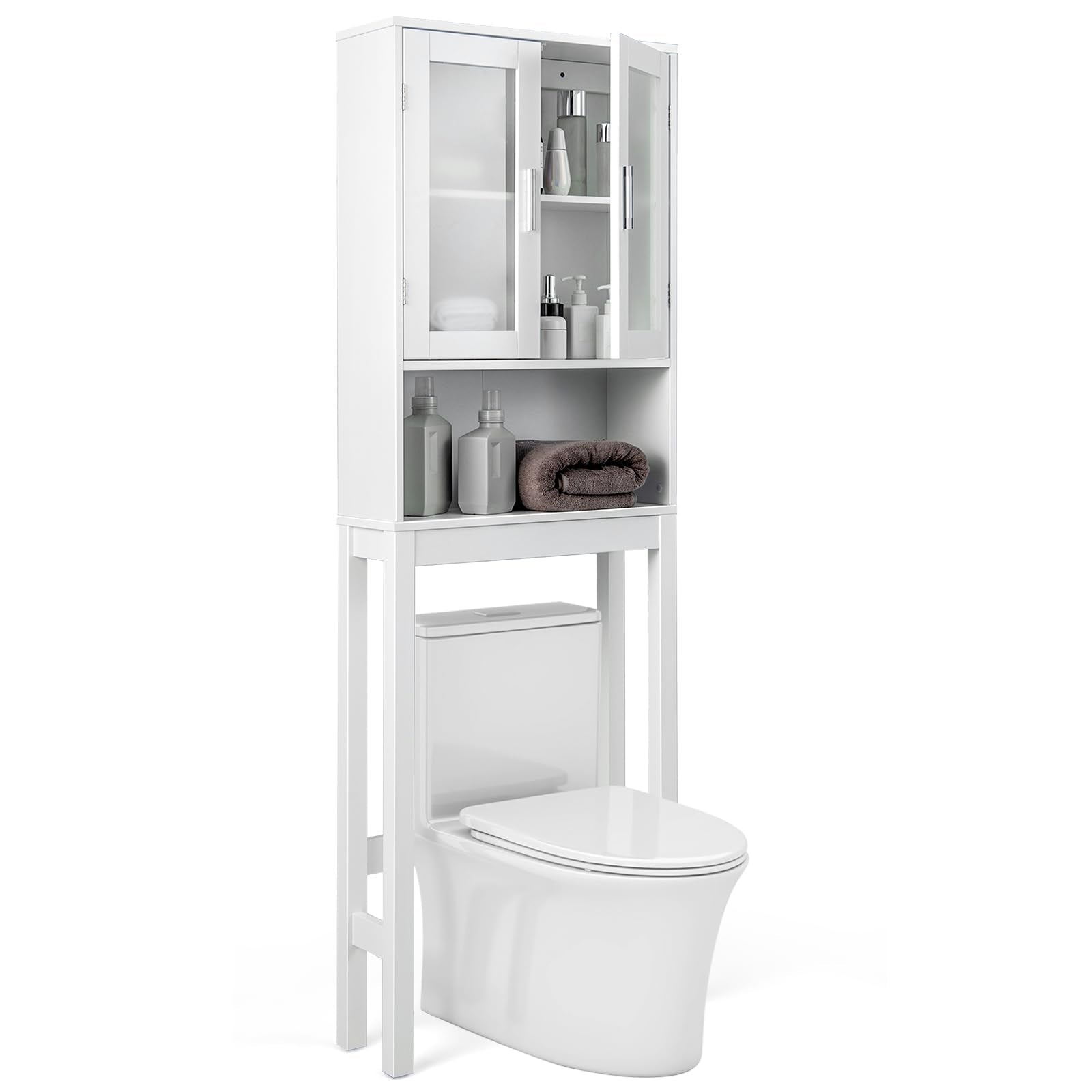 Tangkula Over The Toilet Storage Cabinet  w/Double Tempered Glass Doors