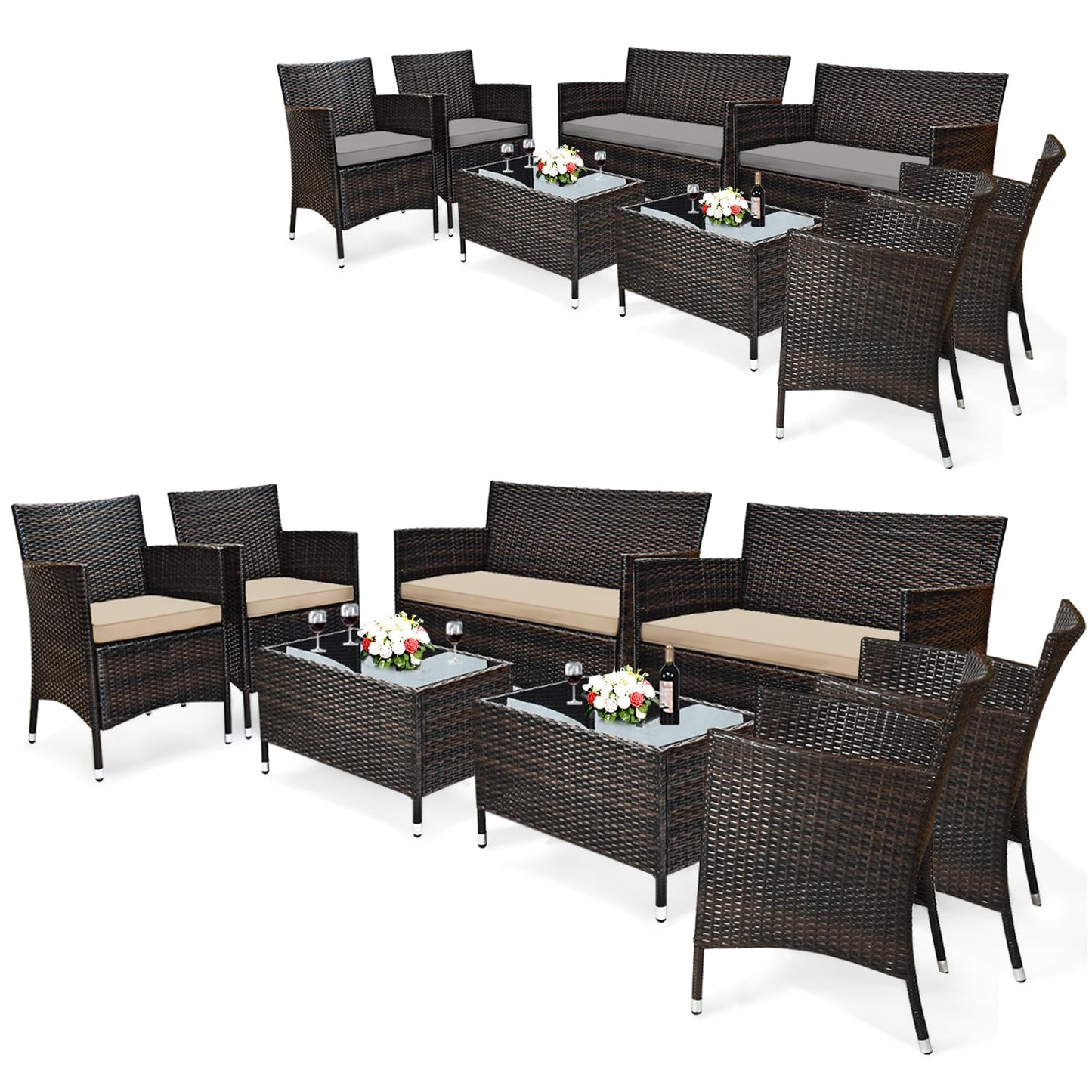 Tangkula 4-Piece Rattan Patio Furniture Set, w/Tempered Glass Coffee Table