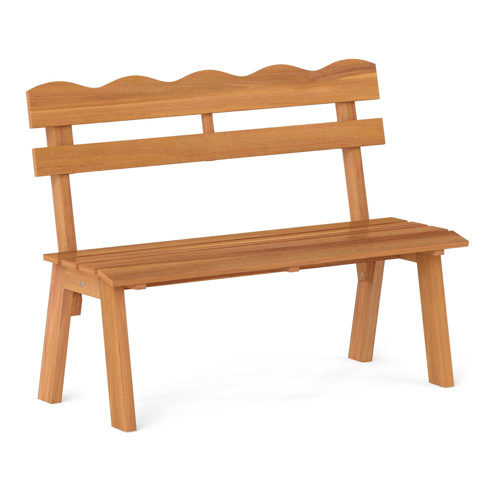 Tangkula Acacia Wood Outdoor Bench with Waved Backrest and Slatted Seat