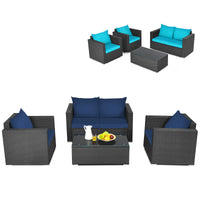 Patio Rattan Conversation Furniture Set, Outdoor Wicker Sofa Set with Padded Cushion & Tempered Glass Coffee Table