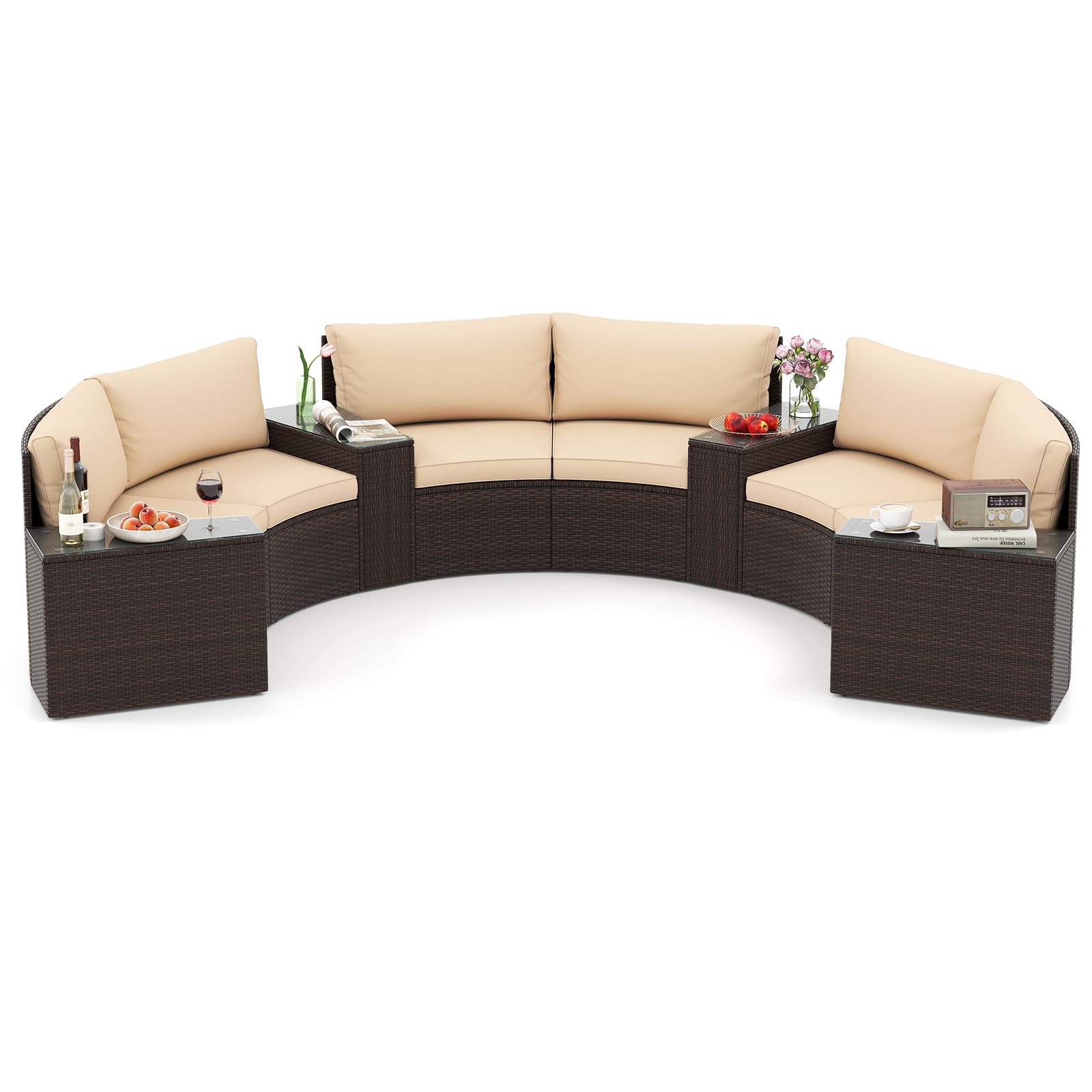 Tangkula 5 Pieces Patio Furniture Set Rattan Half-Moon Curved Sectional Cushioned Sofas