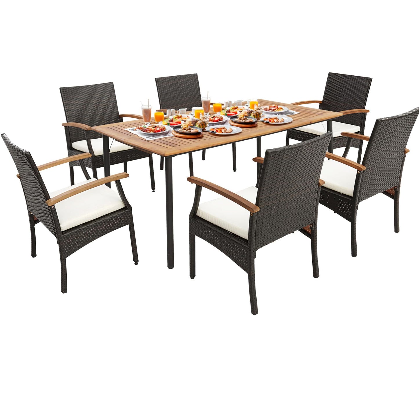 Tangkula 5-Piece Outdoor Dining Set with Acacia Wood Table & 4 Wicker Rattan Armrest Chairs