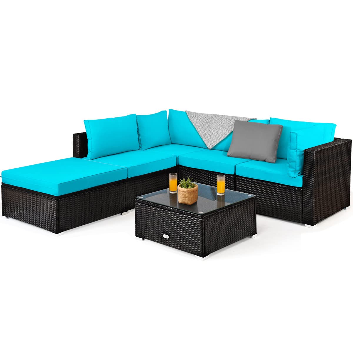 Tangkula 6 Piece Patio Furniture Set,Durable Steel Frame PE Rattan Wicker Sectional Sofa Set