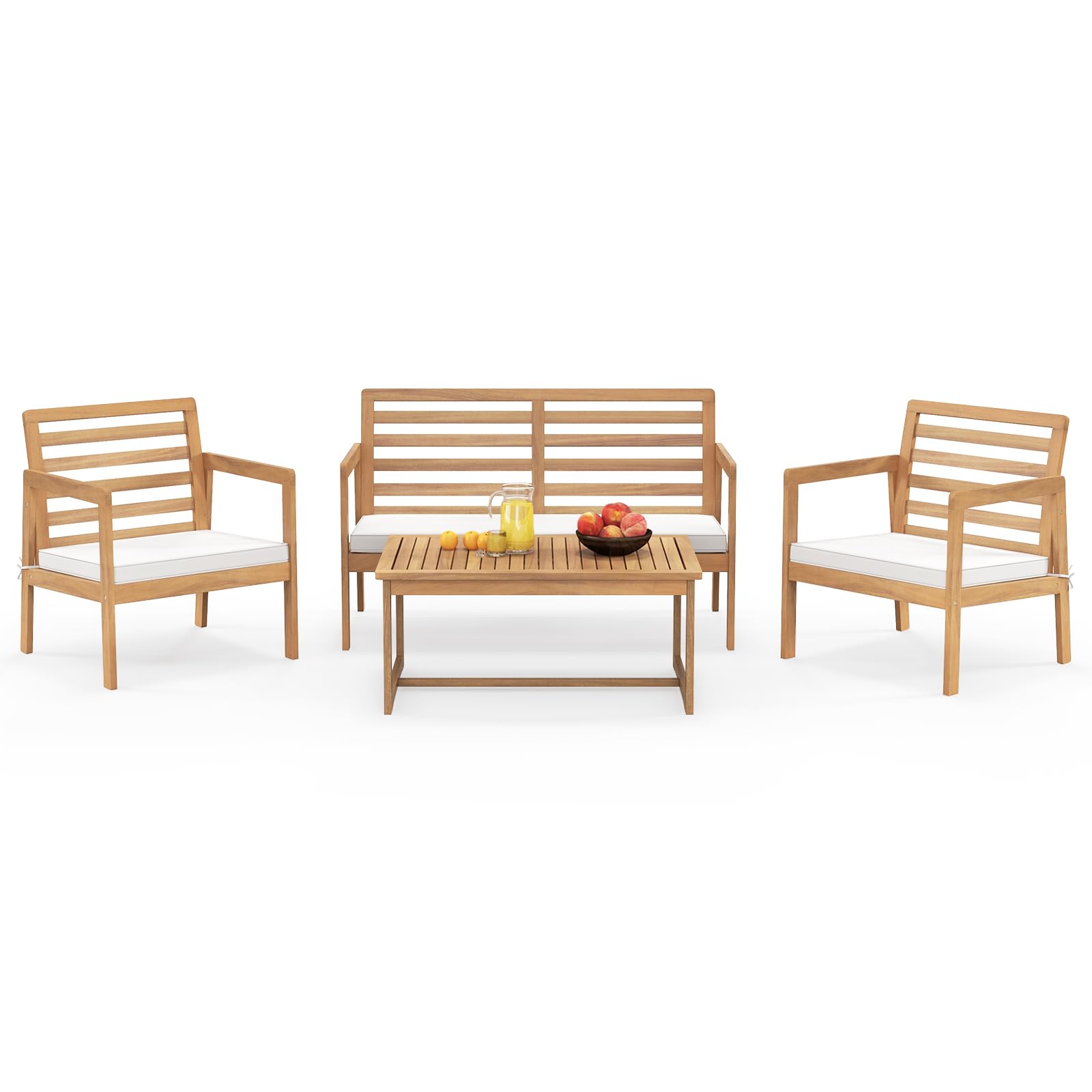Tangkula 4 Piece Wood Patio Conversation Set, Patio Furniture Set w/Seat Cushions