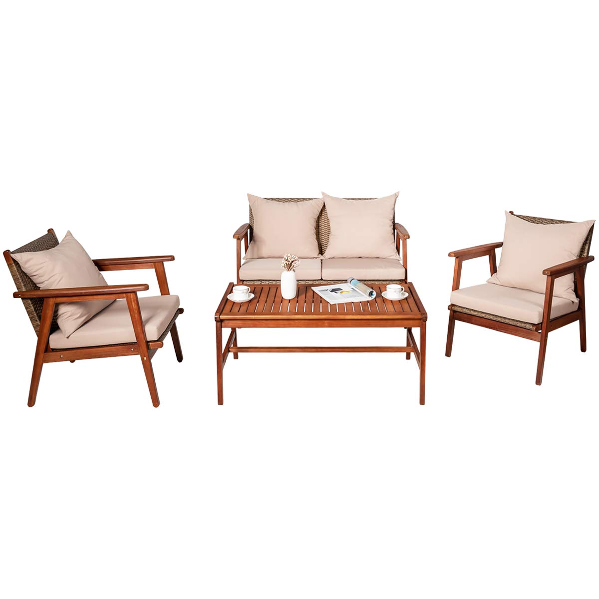 4/8PCS Patio Wood Sofa Set, Outdoor Acacia Wood Seating Chat Set with Cushions & Coffee Table