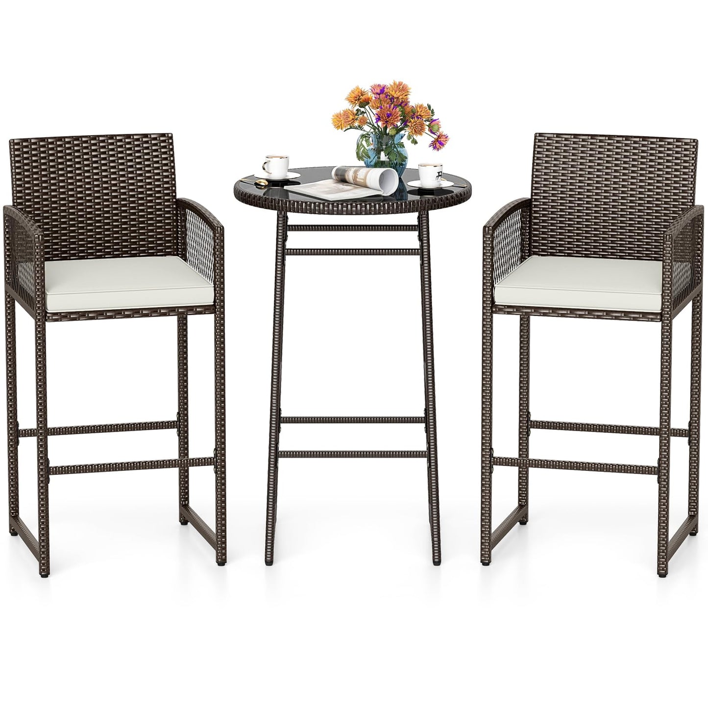 Tangkula Outdoor Wicker Bar Height Glass Top Table & 2 Cushioned Bartools Heavy Duty