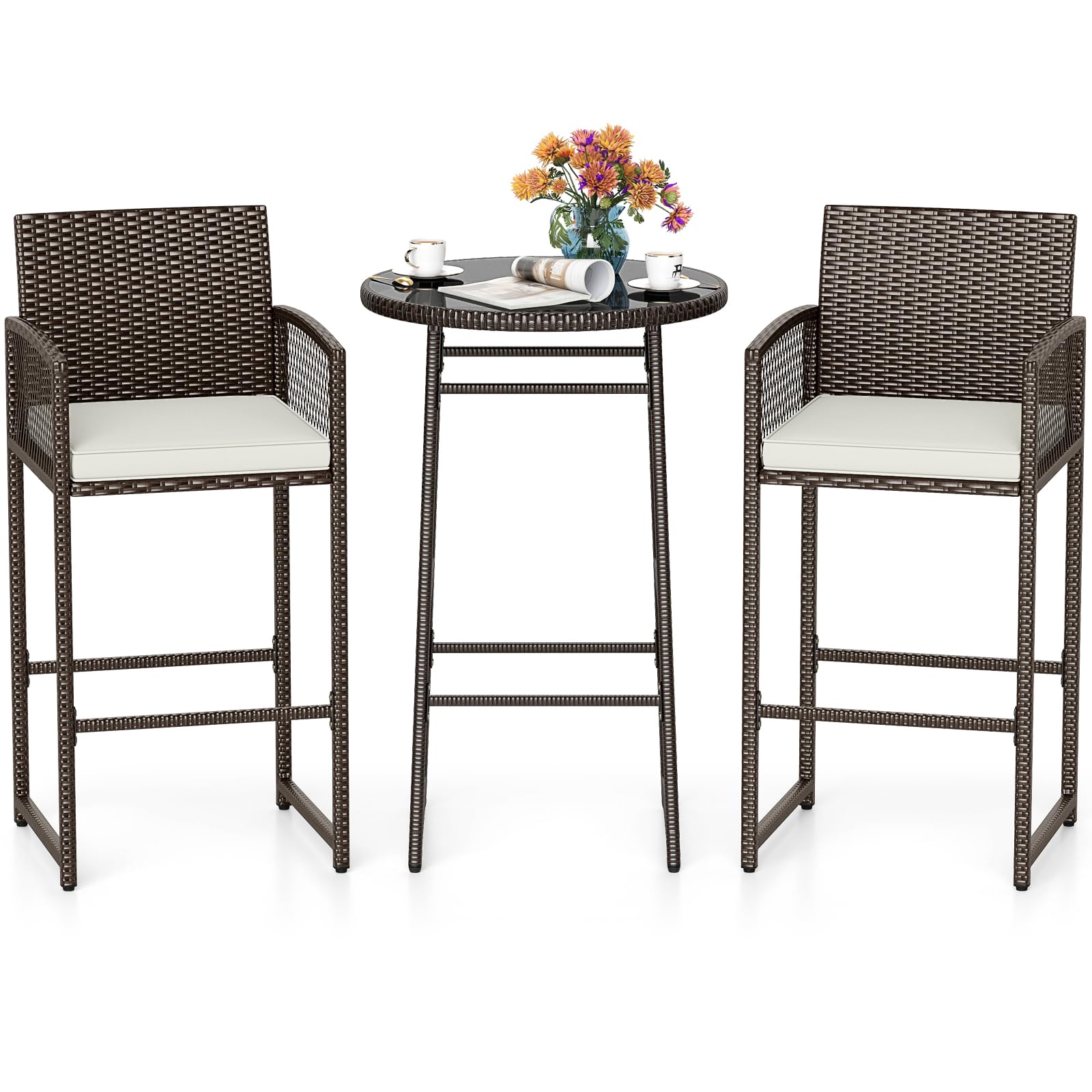 Tangkula Outdoor Wicker Bar Height Glass Top Table & 2 Cushioned Bartools Heavy Duty