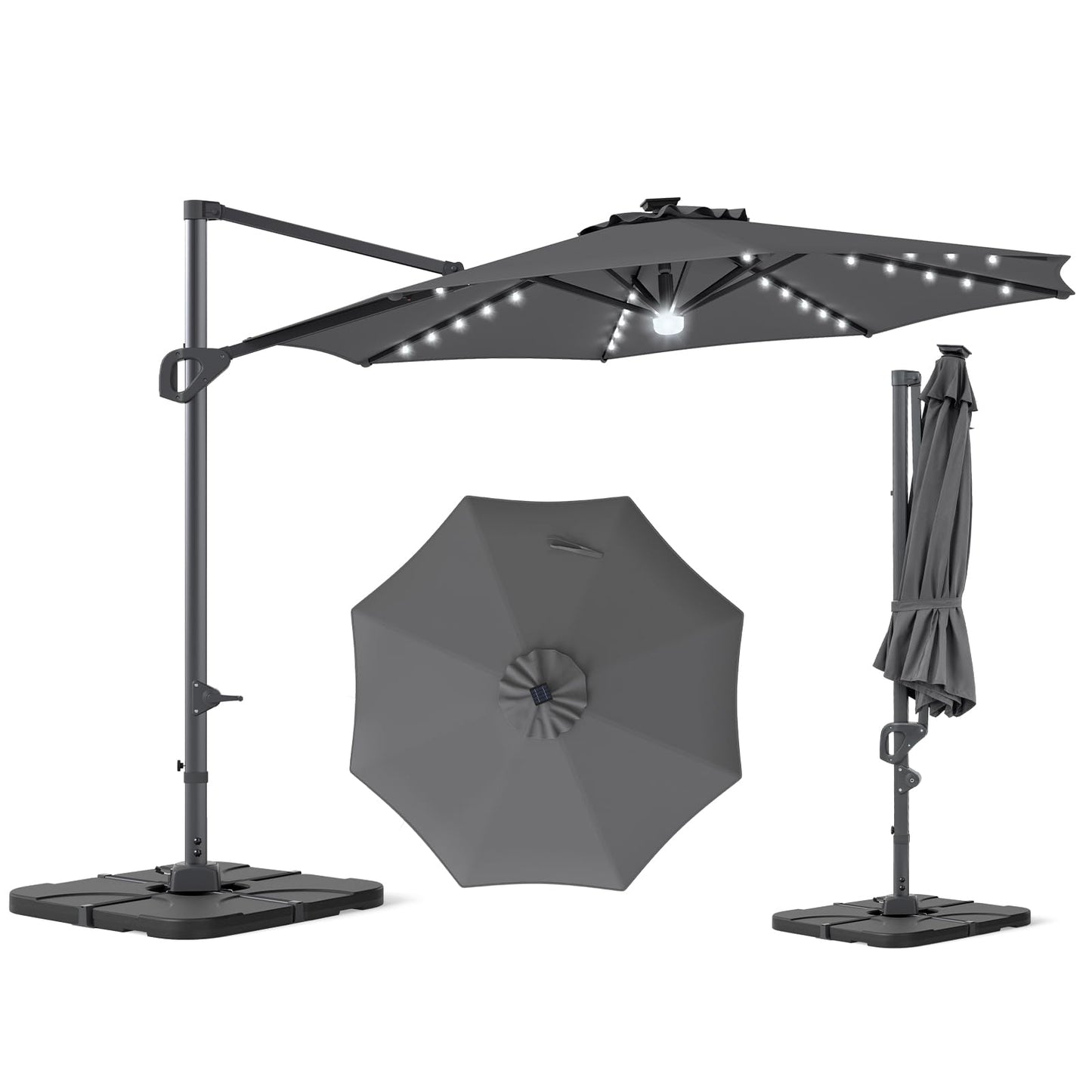 Tangkula 10 FT Solar Patio Umbrella with Base Included Cantilever Offset Outdoor Umbrella