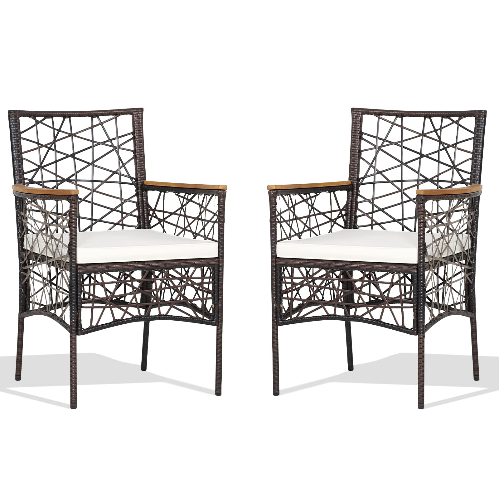 Tangkula Set of 2 Outdoor Dining Chairs, Patio Bistro Chairs with Acacia Wood Armrests and Soft Cushions