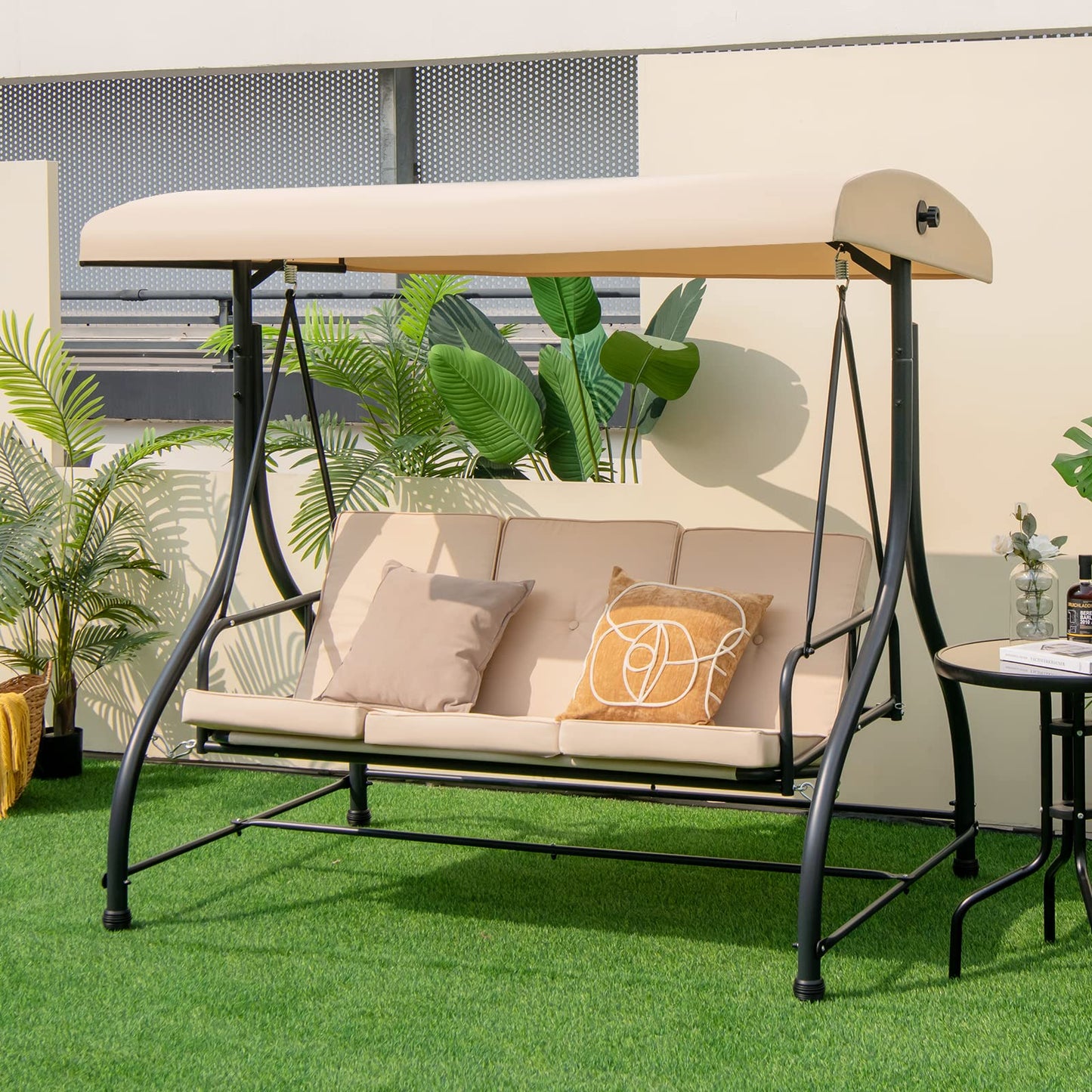 Tangkula 3 Seats Converting Patio Swing, Outdoor Porch Garden Canopy Swing with Comfortable Cushion Seats