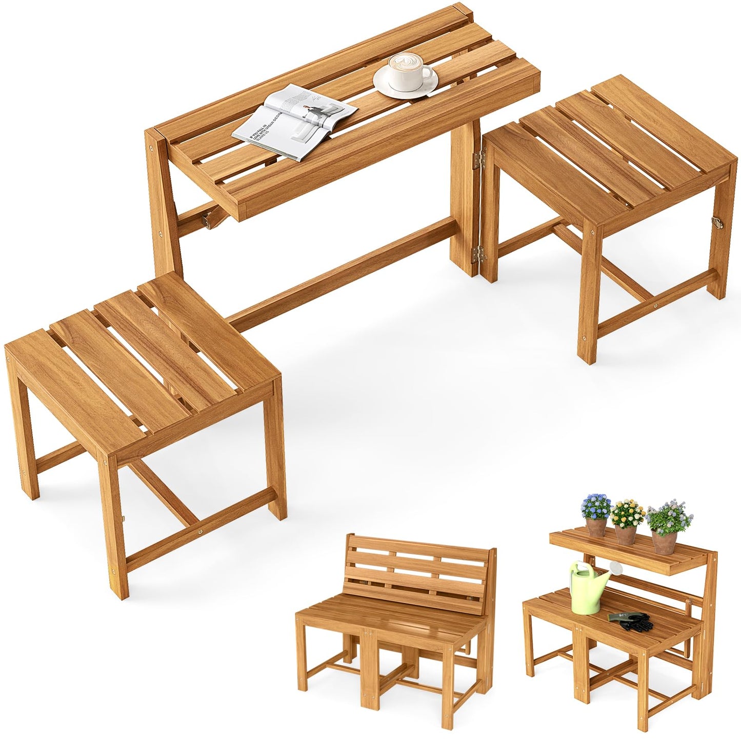 Tangkula 3 in 1 Outdoor Acacia Wood Loveseat Bench Furniture