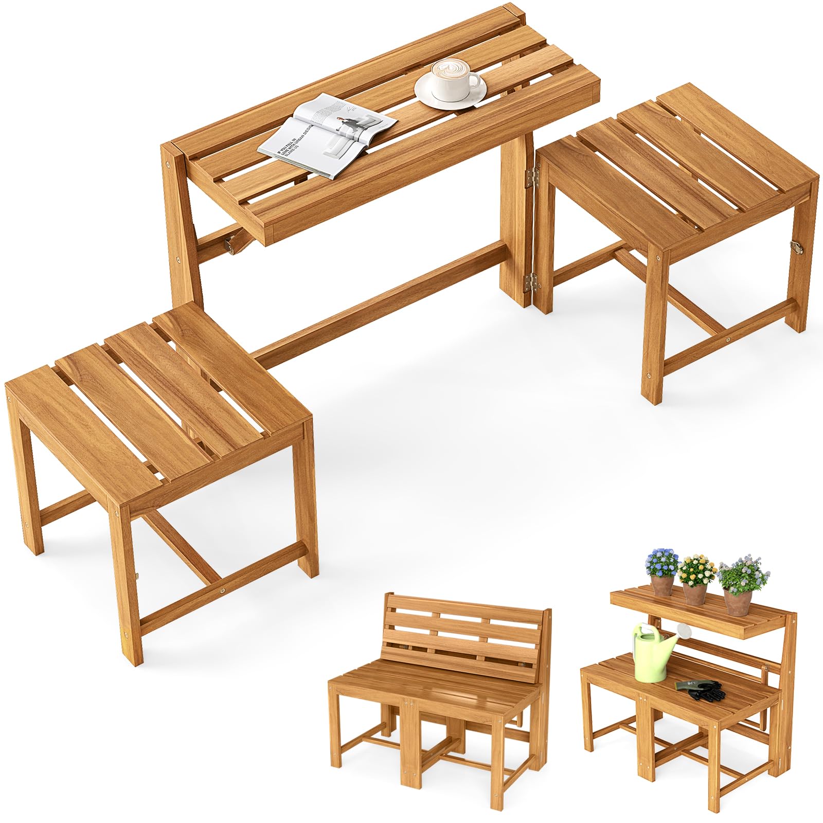 Tangkula 3 in 1 Outdoor Acacia Wood Loveseat Bench Furniture