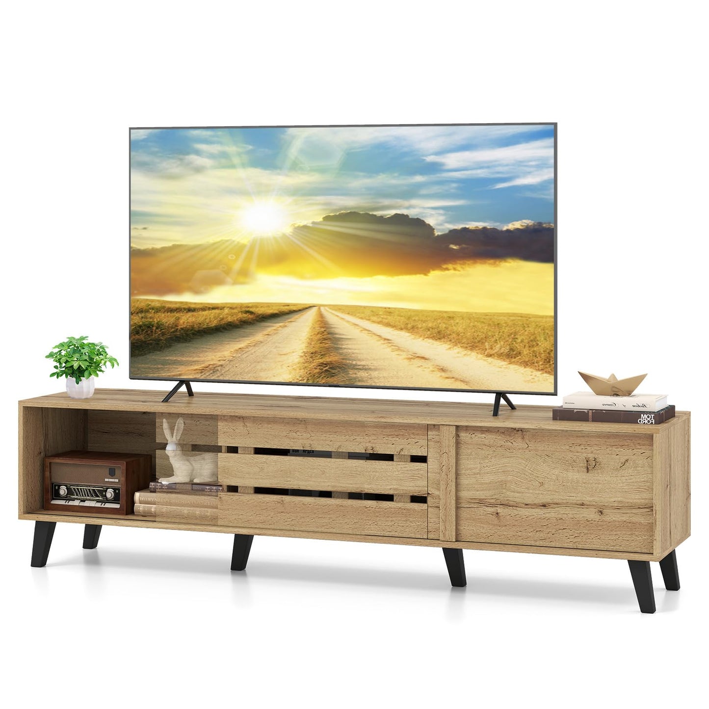 Tangkula Mid Century Modern TV Stand with Sliding Doors for 65” TVs