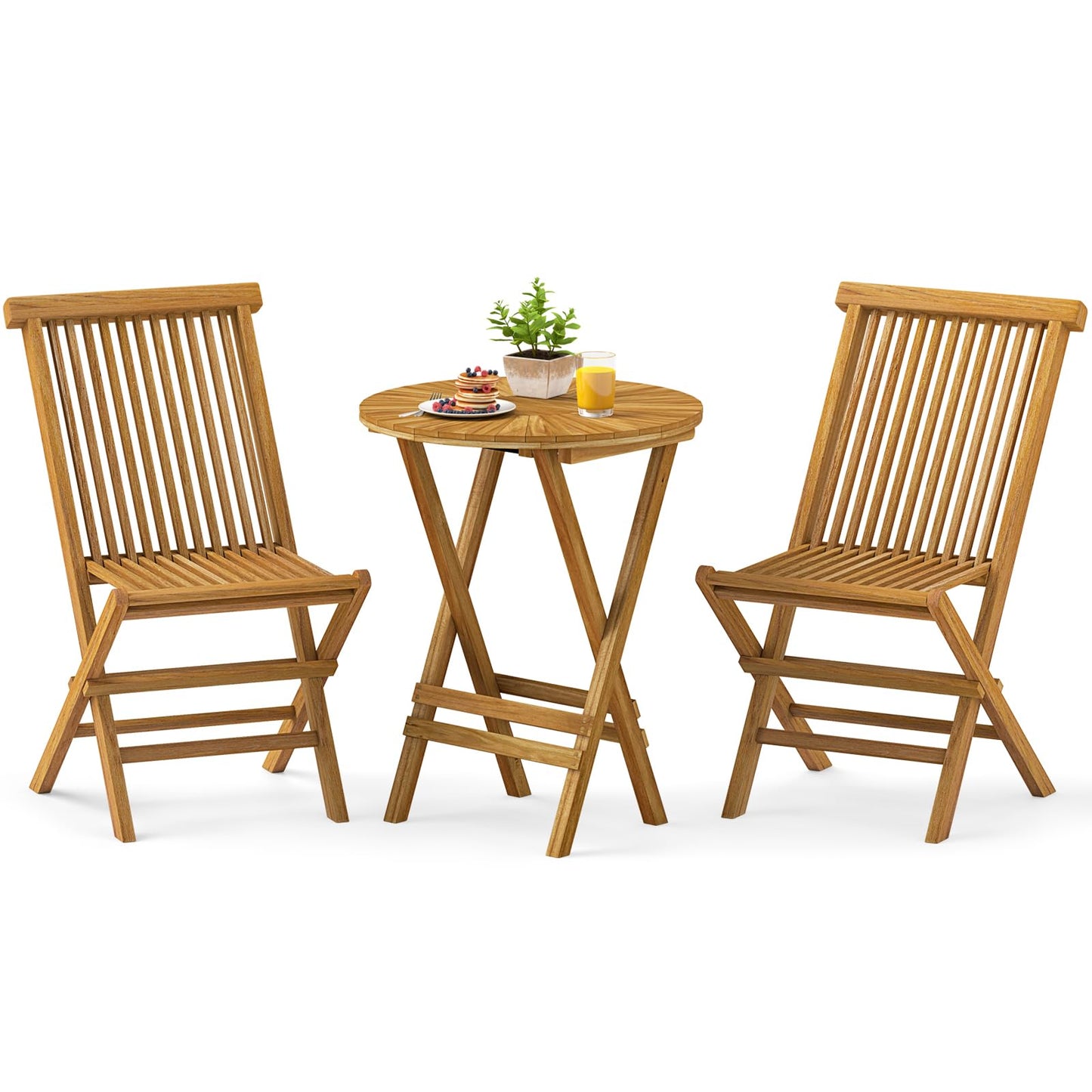 Ensemble bistro de terrasse pliable Tangkula 3 pièces, table ronde à lattes et chaises à dossier haut en bois de teck
