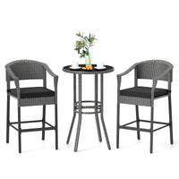 Tangkula 3-Piece Patio Rattan Bar Set, Wicker Bar Height Armchairs & Round Table w/Tempered Glass Top