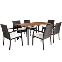 Tangkula 7 Pieces Patio Dining Set, Acacia Wood Wicker Dining Furniture Set with Sturdy Steel Frame & Umbrella Hole