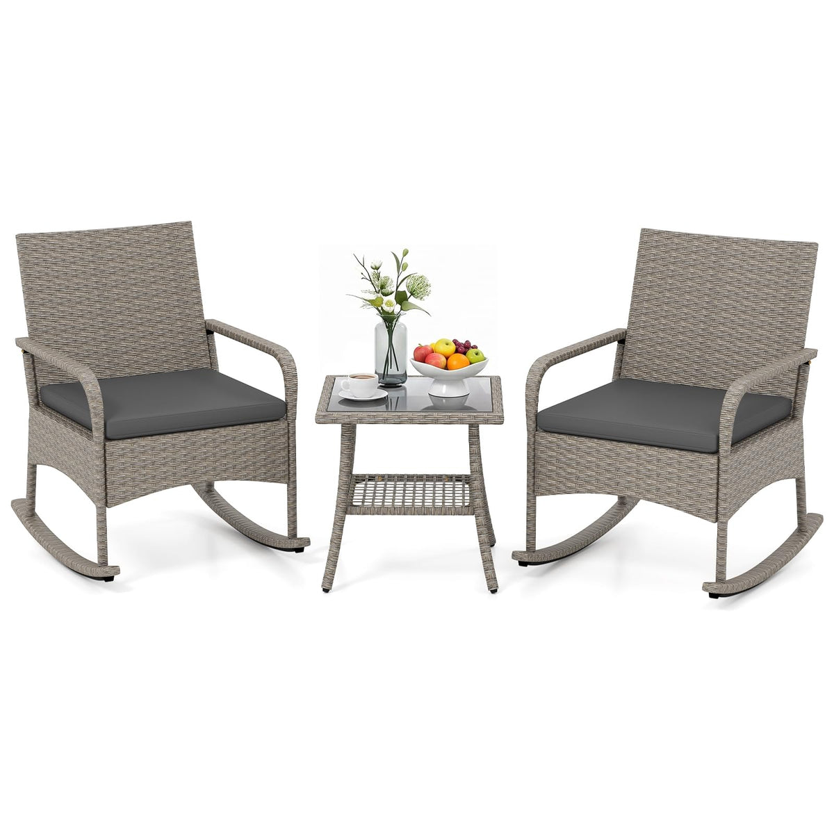 Tangkula 3-Piece Outdoor Wicker Rocking Bistro Set with 2-Tier Coffee Table