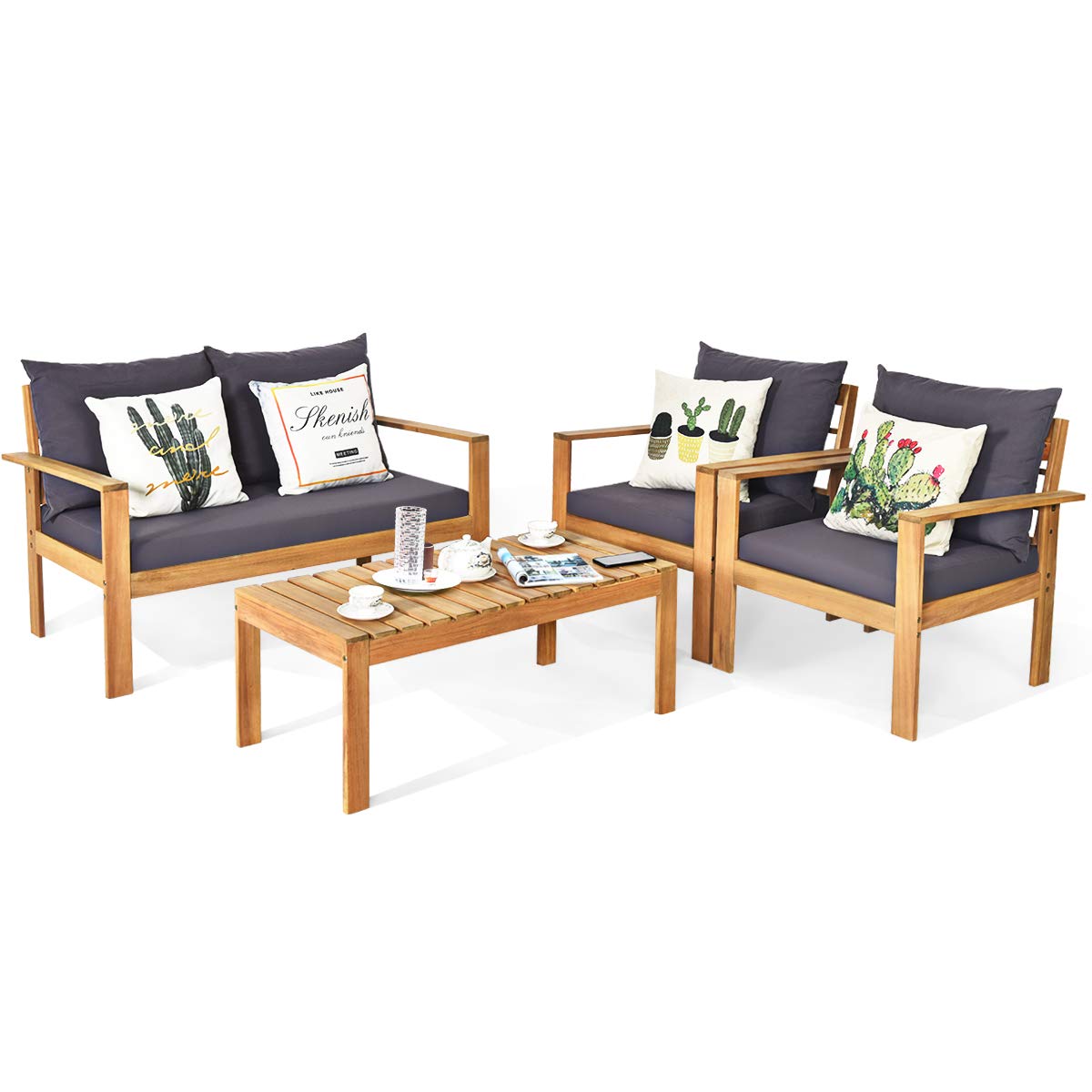 Tangkula Outdoor Conversation Sofa and Table Set with Water Resistant Cushions