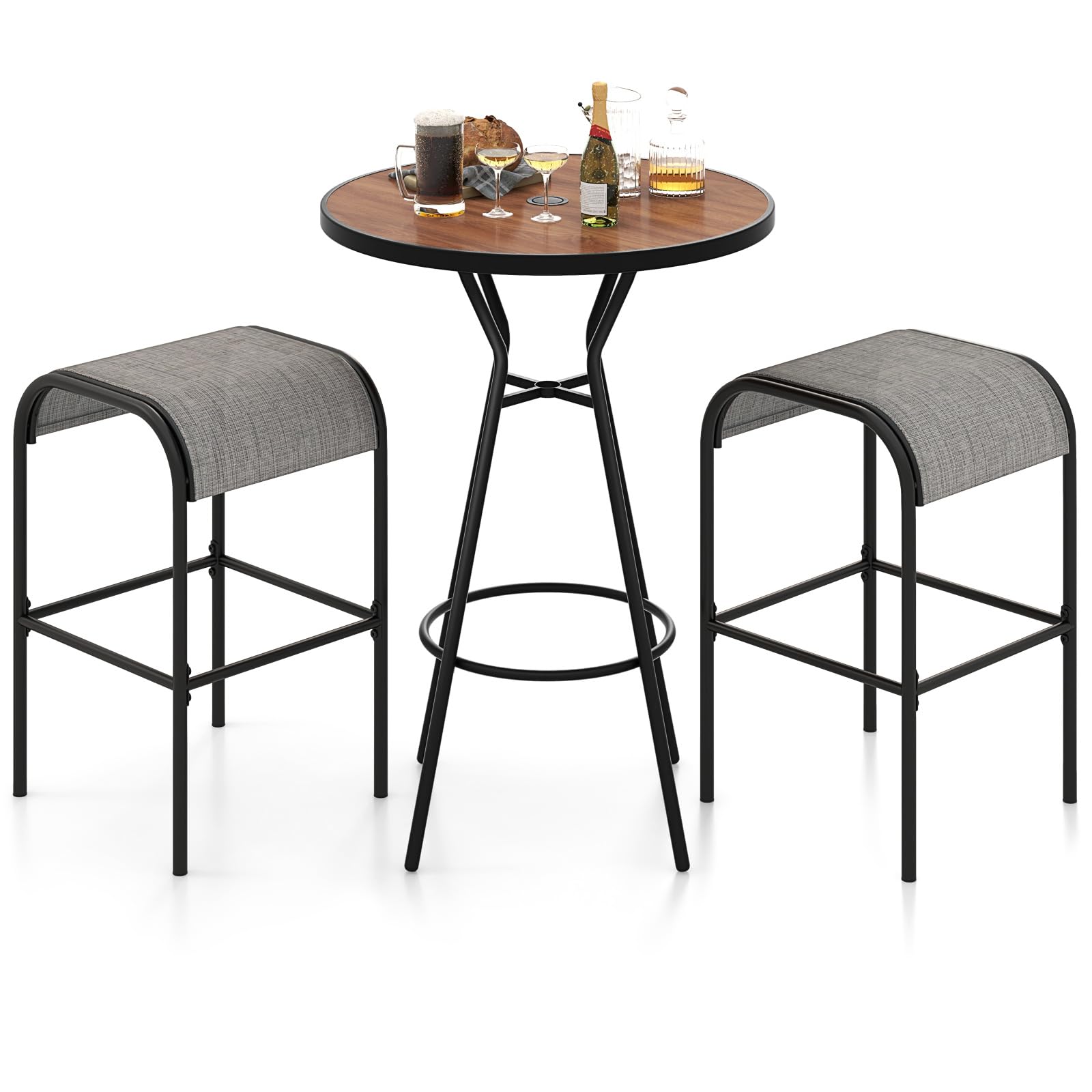 Tangkula 3 PCS Outdoor Bar Table Set, 28” Round Bar Height Table with 2 Bar Stools