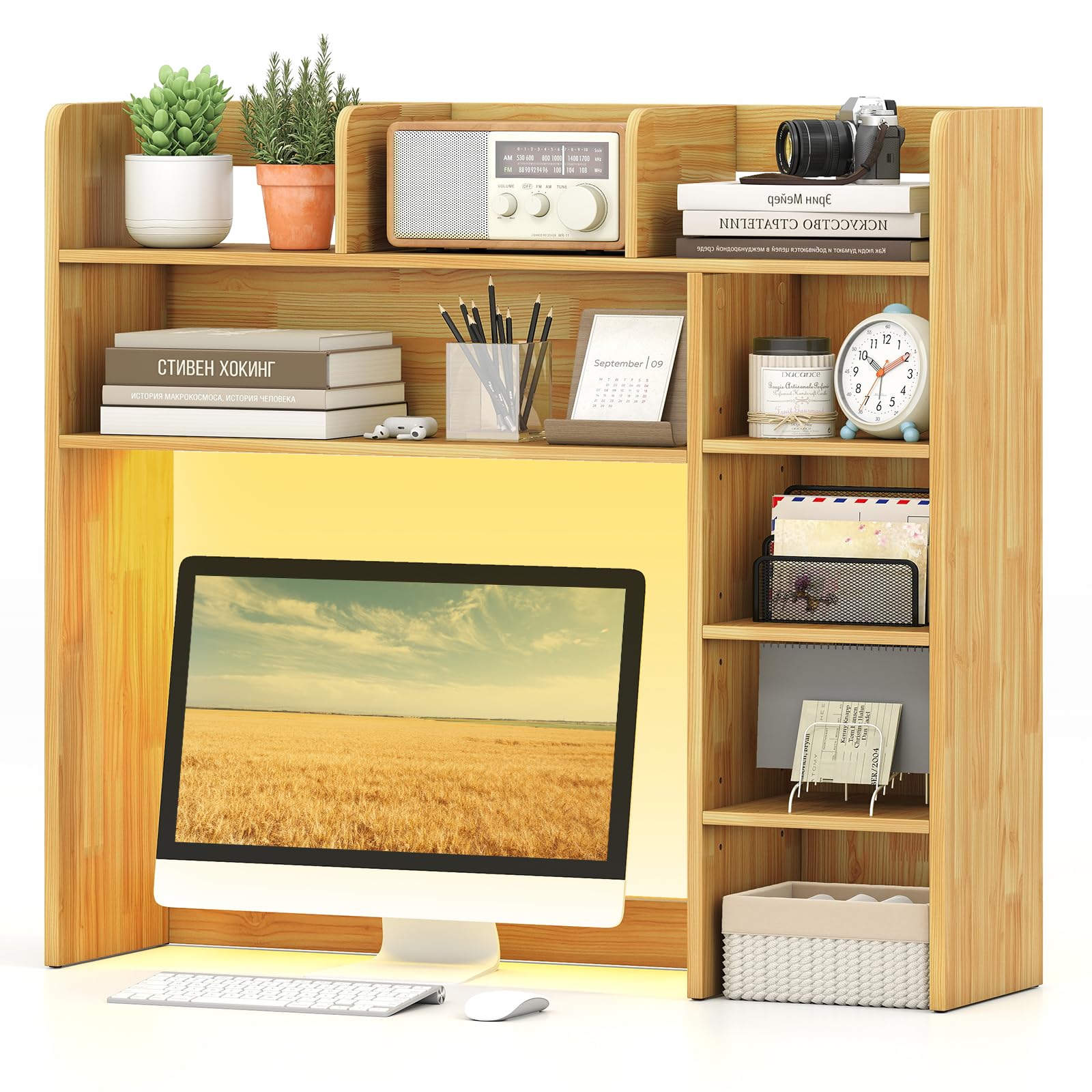 Tangkula Desktop Bookshelf with LED Lights & 8 Shelves for Max 25" Monitor