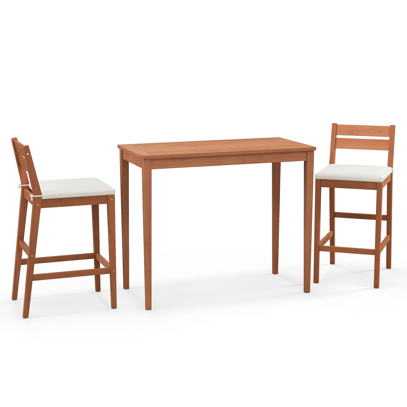 Ensemble de bar 3 pièces en bois d'eucalyptus Tangkula pour patio, ensemble table et chaises de bar d'extérieur avec coussins