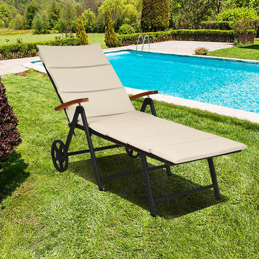 Tangkula Foldable Outdoor Chaise Lounger, Wicker Lounger Chair with Aluminum Black Frame, Wheels for Easy Moving