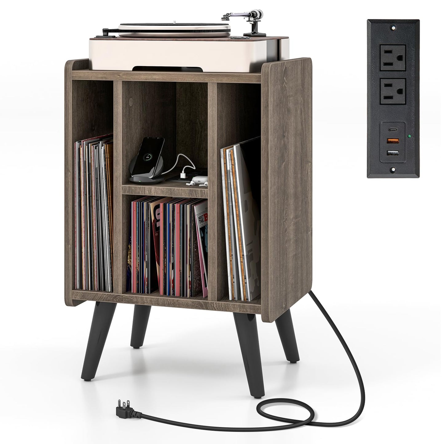 Tangkula Record Player Stand w/Charging Station & USB Ports, Nightstand Sofa Side Table, 27" H