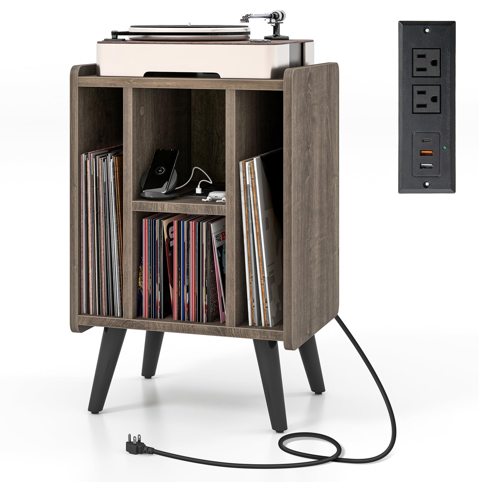 Tangkula Record Player Stand w/Charging Station & USB Ports, Nightstand Sofa Side Table, 27" H