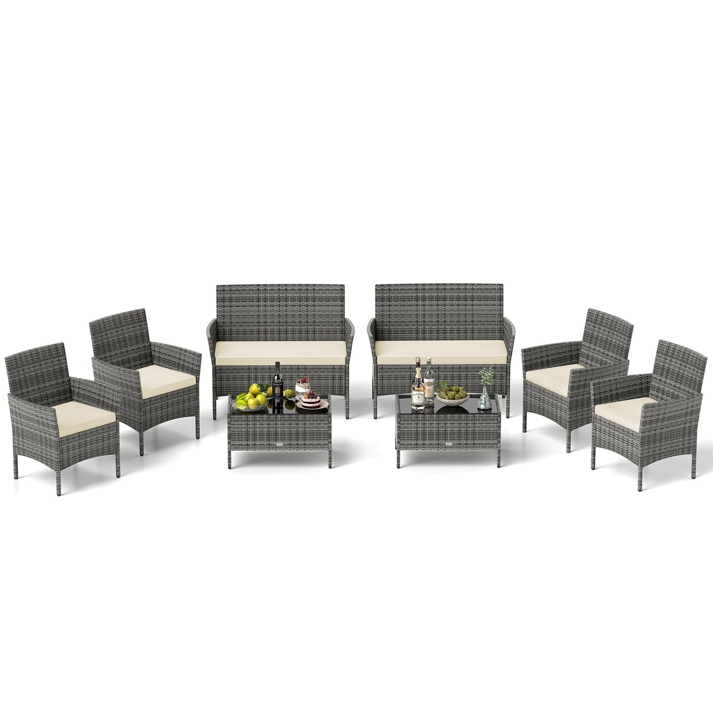 Tangkula 4/8 Piece Patio Rattan Conversation Set, Outdoor Wicker Furniture Set with Chair, Loveseat & Tempered Glass Table