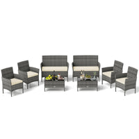 Tangkula 4/8 Piece Patio Rattan Conversation Set, Outdoor Wicker Furniture Set with Chair, Loveseat & Tempered Glass Table