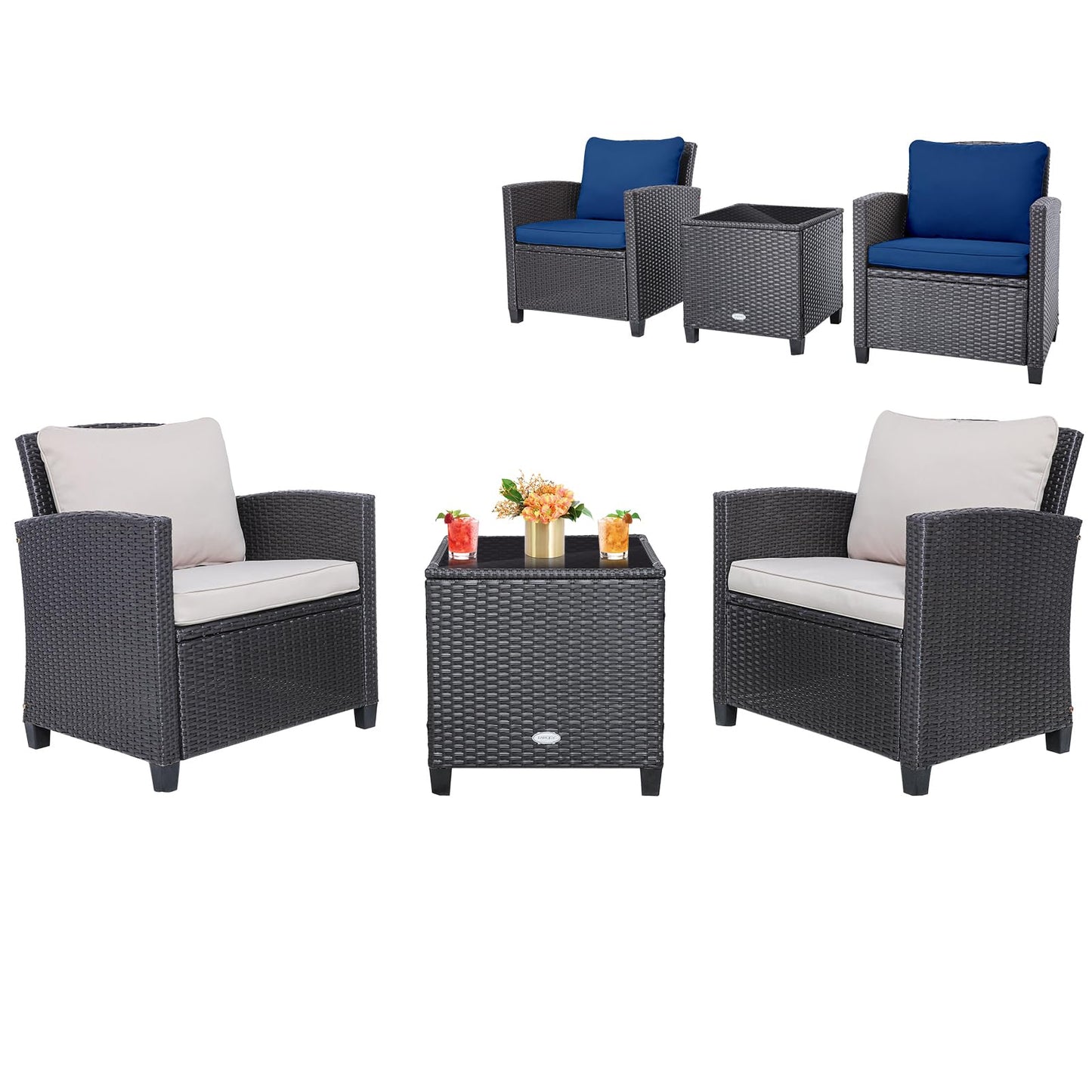 Tangkula 3 Pieces Patio PE Wicker Furniture Set with 4 Bonus Cushion Covers