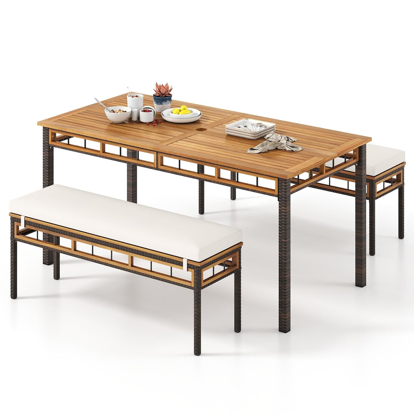 Tangkula 3 Pieces Wood Patio Dining Set with 1.97” Umbrella Hole