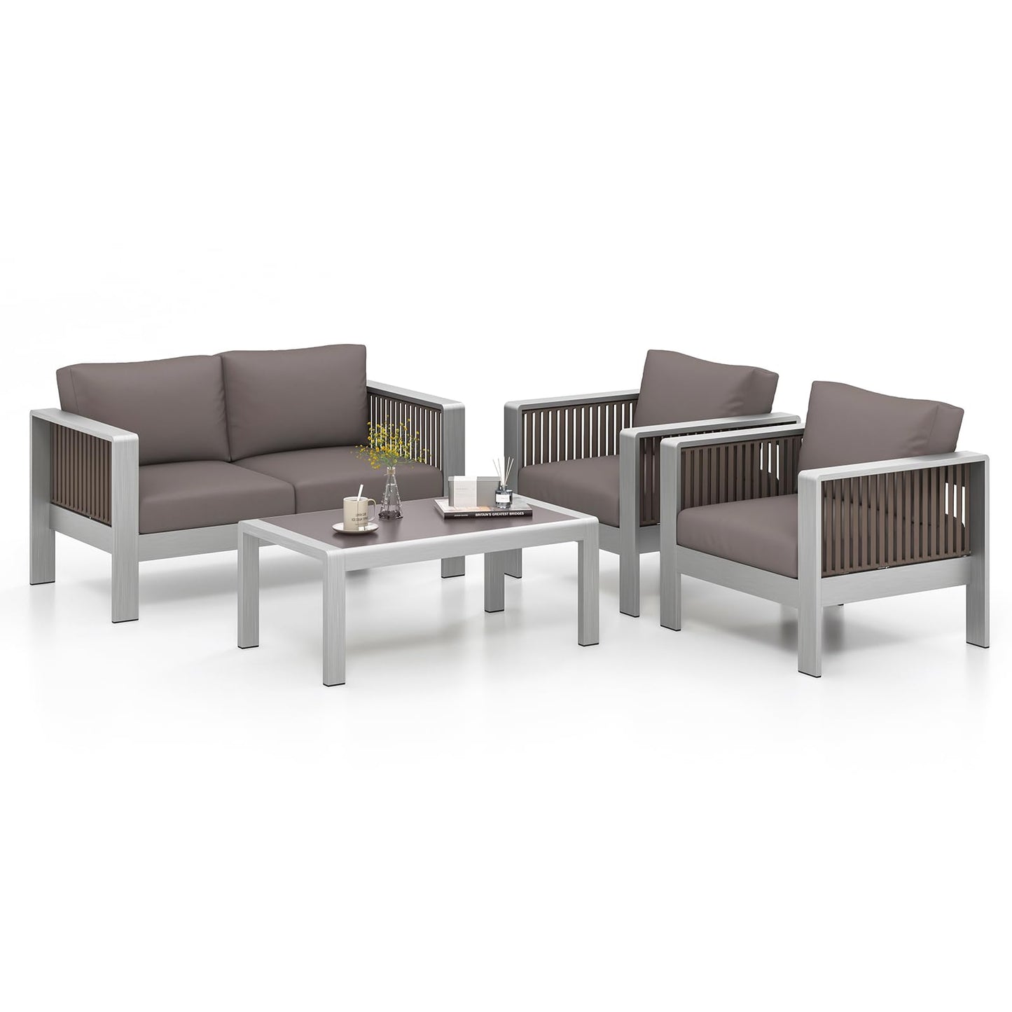 Tangkula 4 Pieces Aluminum Patio Furniture Set, Modern Outdoor Sectional Sofa Set (Gray)