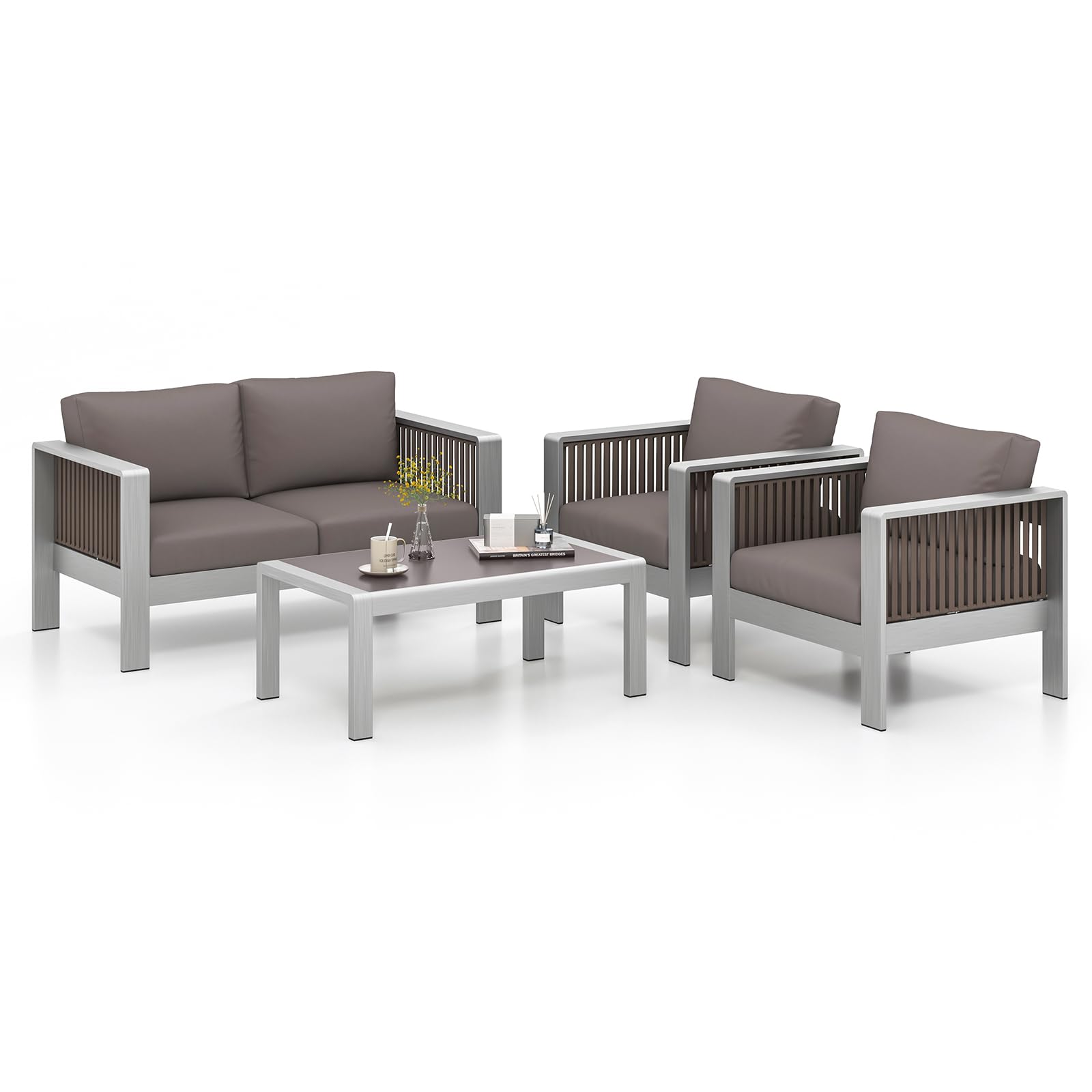 Tangkula 4 Pieces Aluminum Patio Furniture Set, Modern Outdoor Sectional Sofa Set (Gray)
