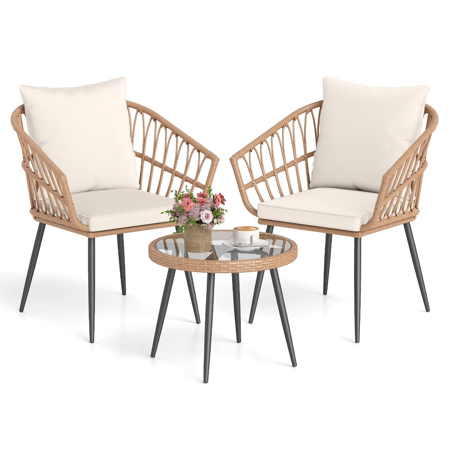Tangkula 3 Piece Patio PE Rattan Conversation Chairs with Round Glass Table