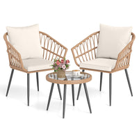 Tangkula 3 Piece Patio PE Rattan Conversation Chairs with Round Glass Table