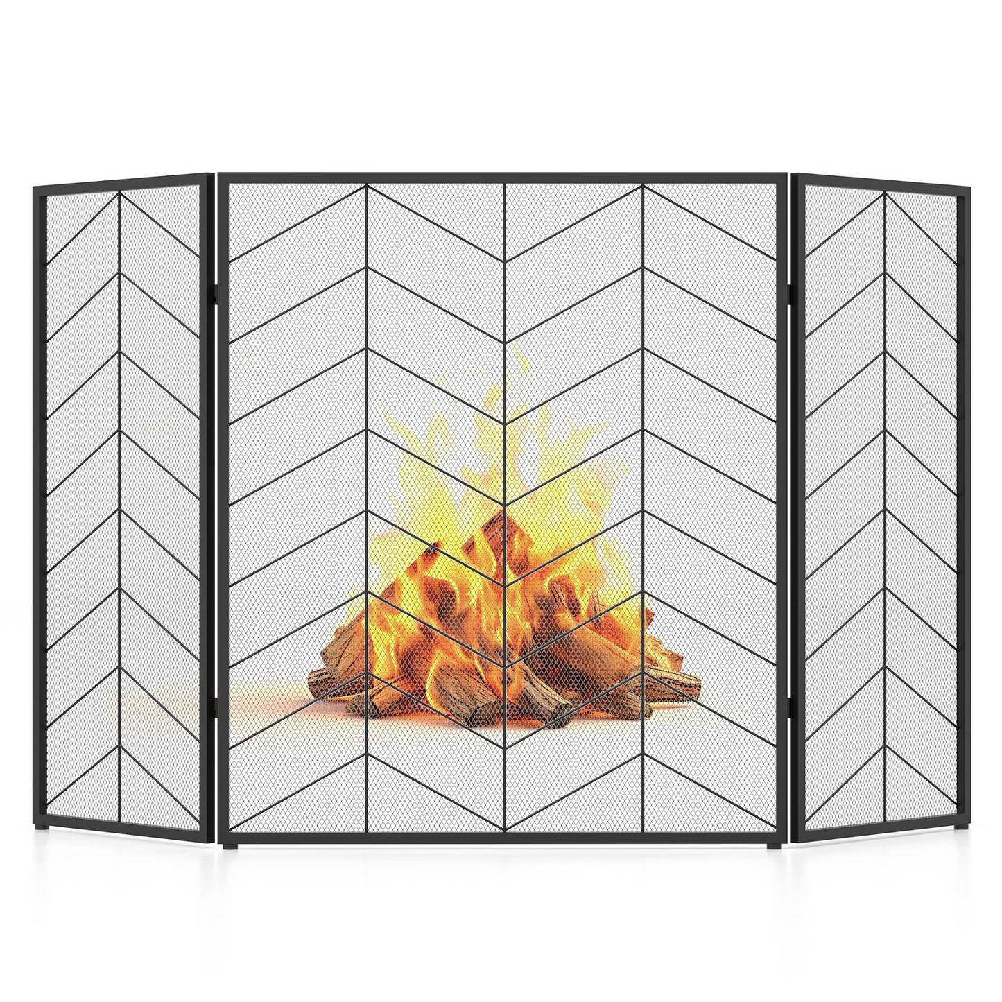 Tangkula 52 x 31 Inch Fireplace Screen, 3-Panel Folding Spark Guard w/Chevron Herringbone Pattern