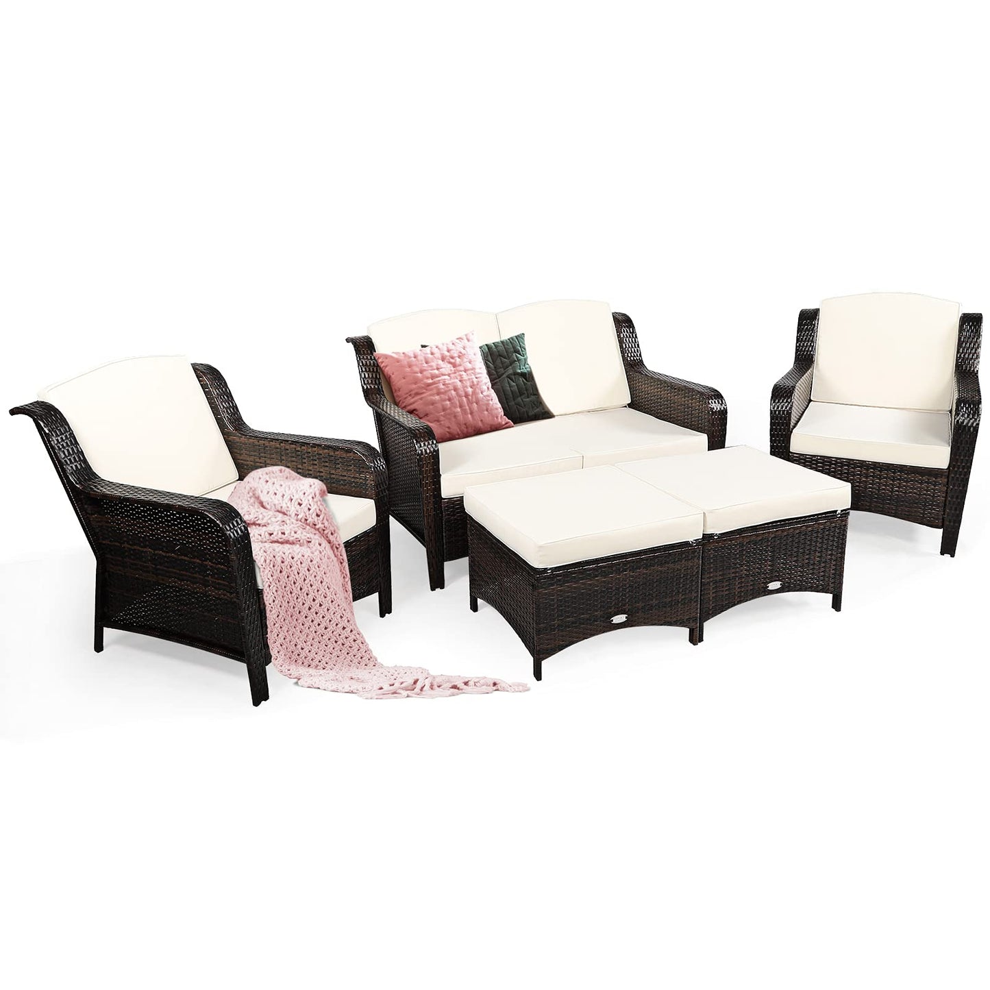 5 Pieces Patio Furniture Set, Outdoor Rattan Conversation Sofa Set with Loveseat