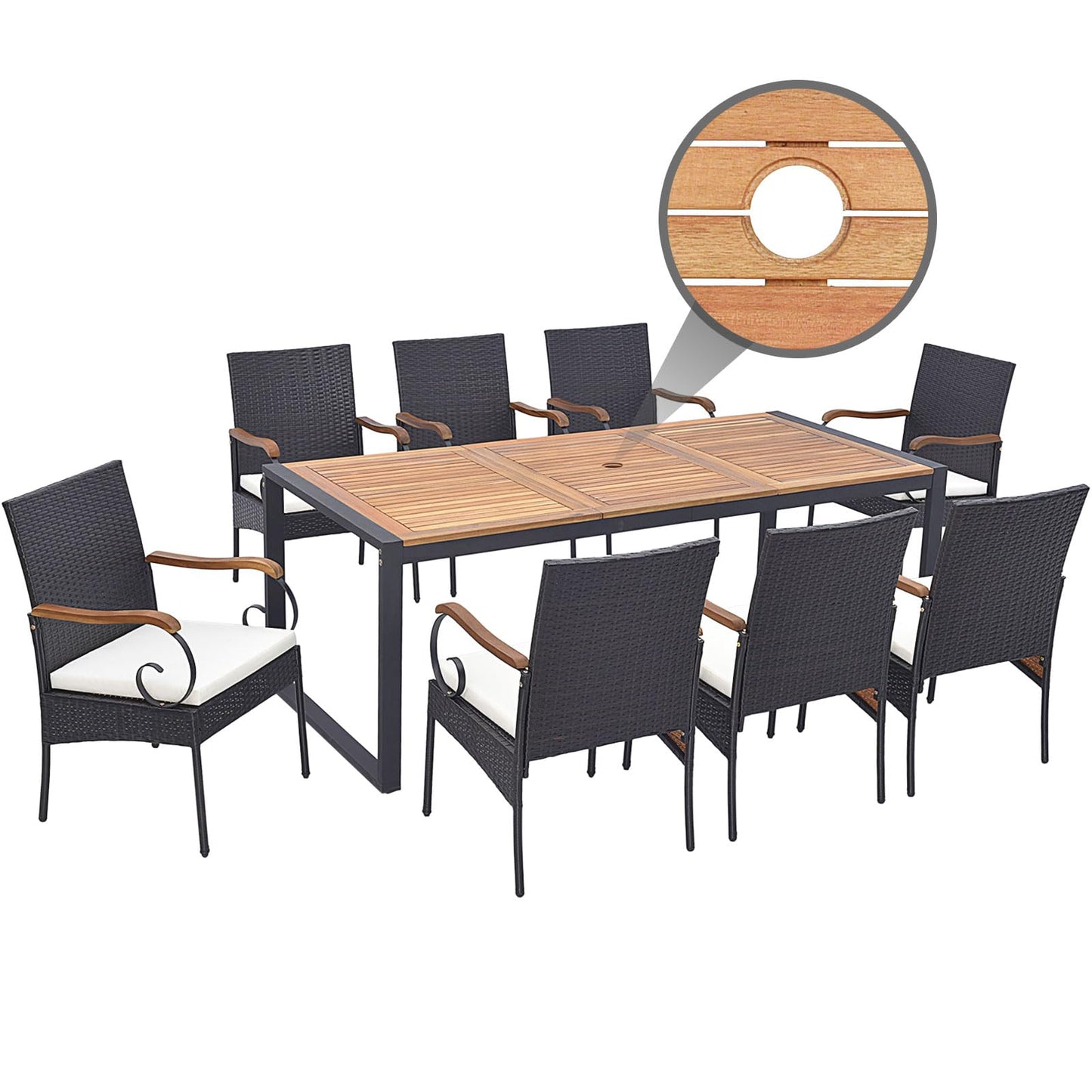 Tangkula Ensemble de 9 meubles de salle à manger en rotin avec table en bois d'acacia, ensemble table et chaises d'extérieur avec coussins