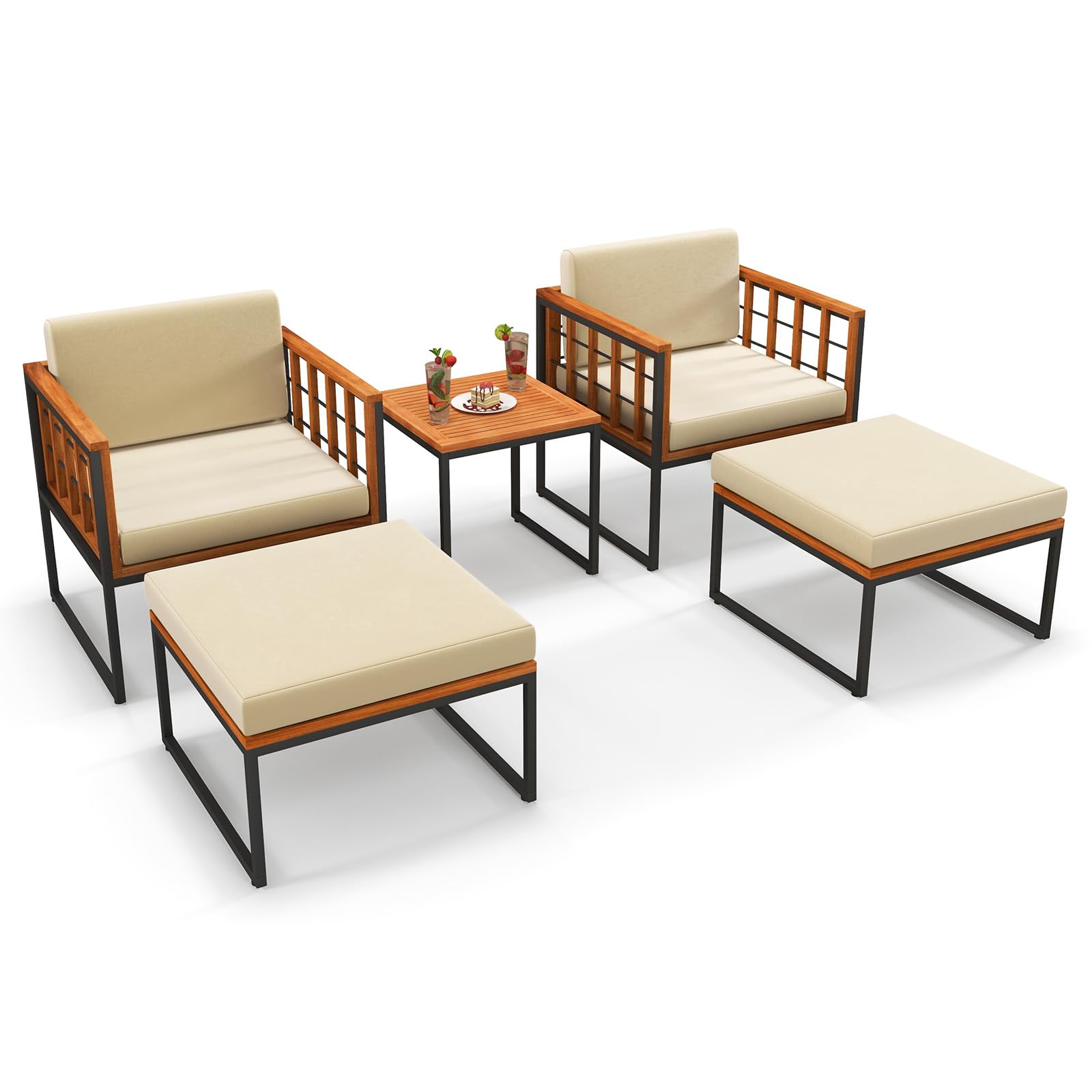 Tangkula 5 Pieces Acacia Wood Patio Furniture Set with Ottomans, Outdoor Conversation Set