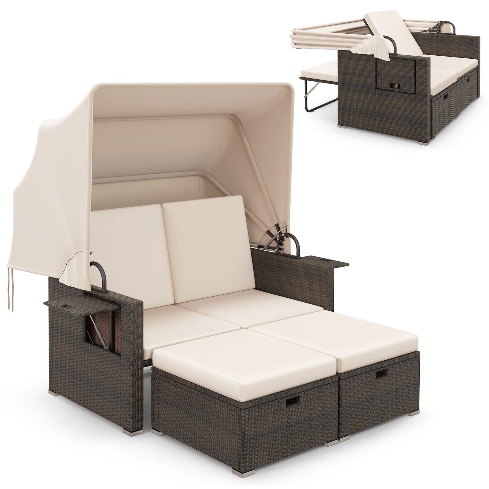 Tangkula Outdoor Patio Rattan Daybed w/Retractable Canopy & Adjustable Backrests