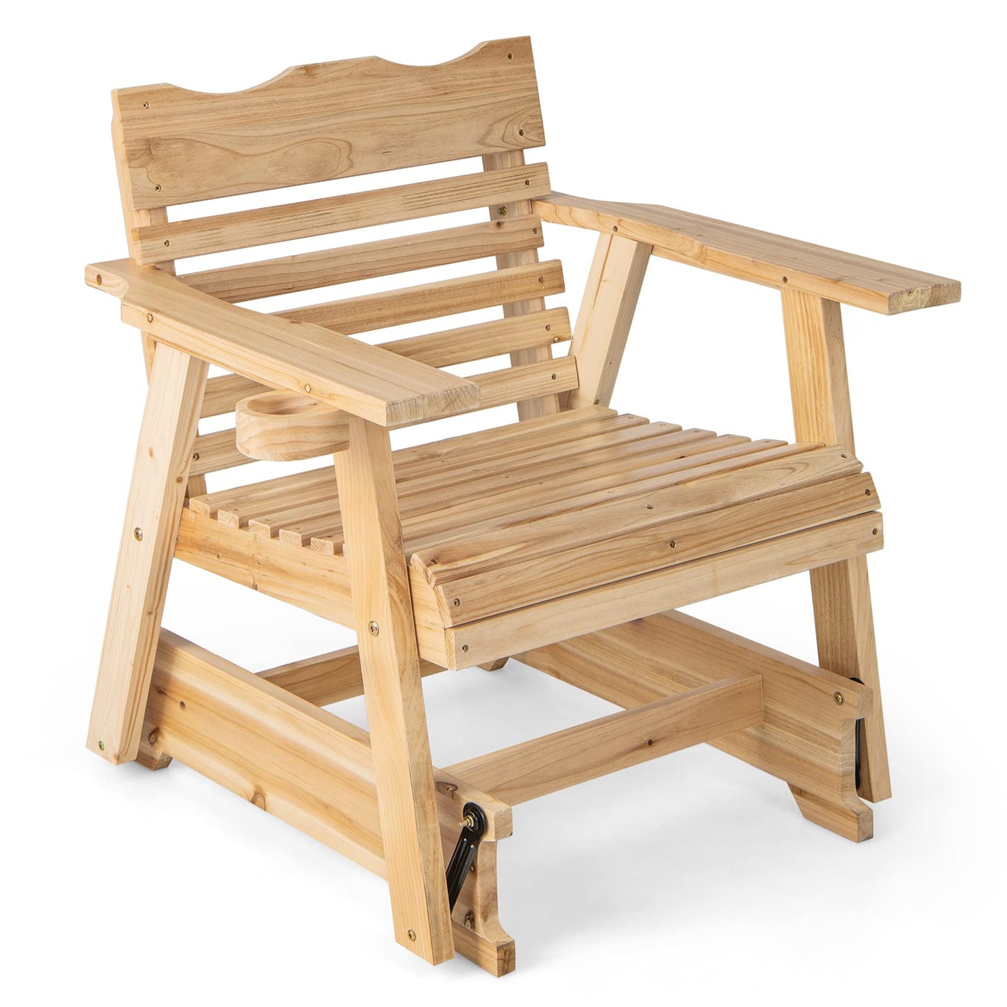 Tangkula Outdoor Fir Wood Glider Chair, Outdoor Swing Chair with Rotatable Hidden Cup Holder