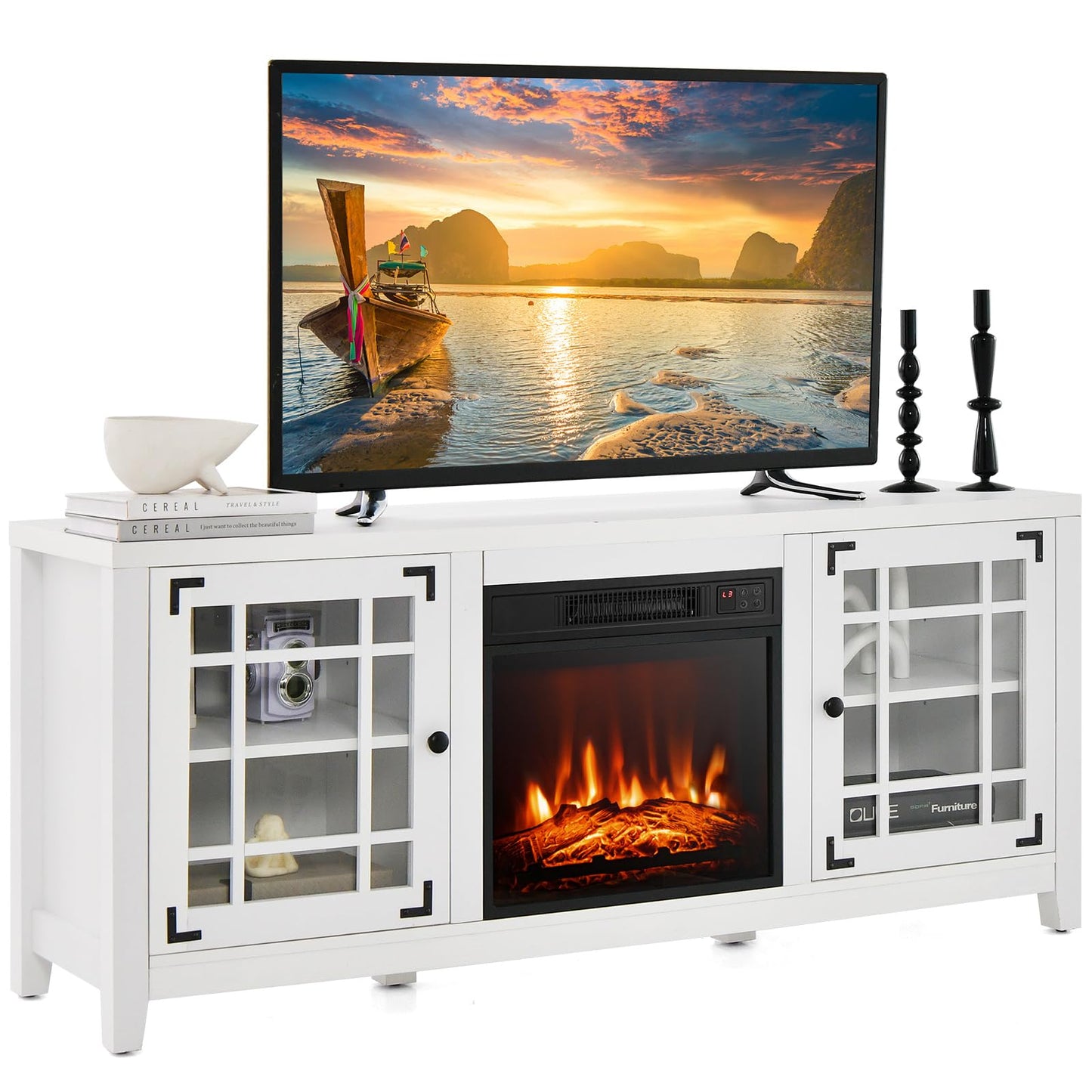Tangkula 58 Inches TV Console with Fireplace Insert, Fireplace TV Stand for TVs up to 65 Inches
