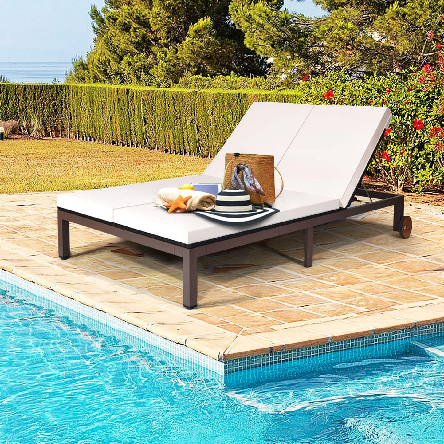 Tangkula 2-Person Patio Lounge Chair, Outdoor Rattan Double Wicker Daybed