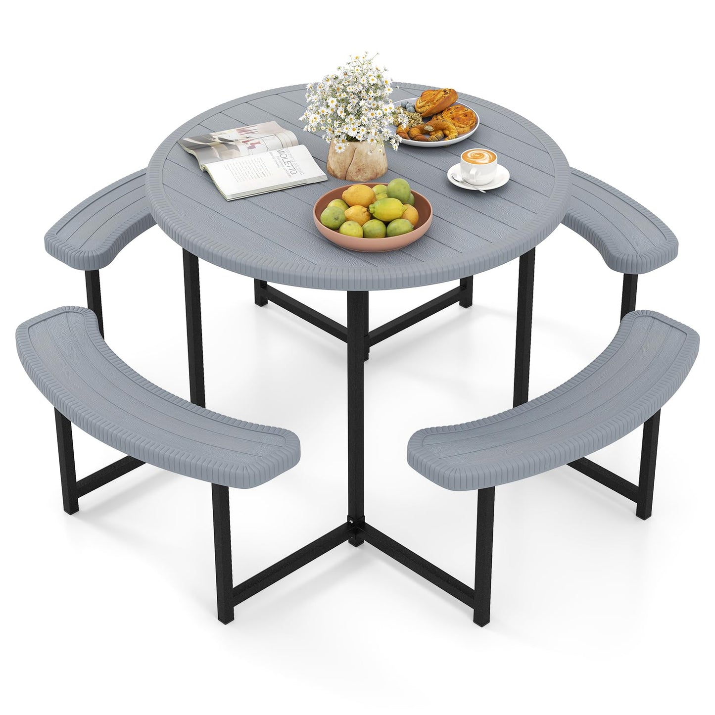 Tangkula 8 Person Picnic Table HDPE Outdoor Round Table and Bench Set