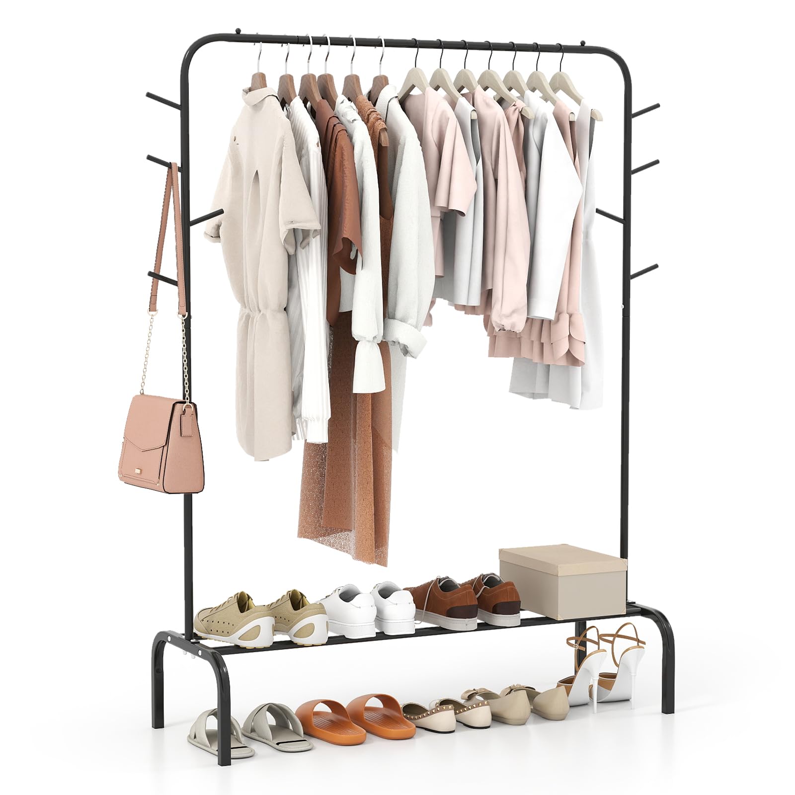 Tangkula Heavy Duty Clothes Rack for Hanging Clothes with 8 Hooks and Storage Shelf